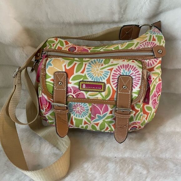 Lily Bloom multi color pastel fabric crossbody bag with tan faux leather trims - Picture 4 of 15